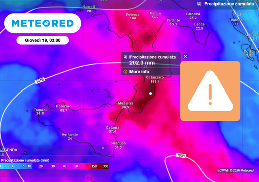 Maltempo, pesante avviso della Protezione Civile per Calabria e Sicilia: oltre 200 mm di pioggia nelle prossime 72 ore