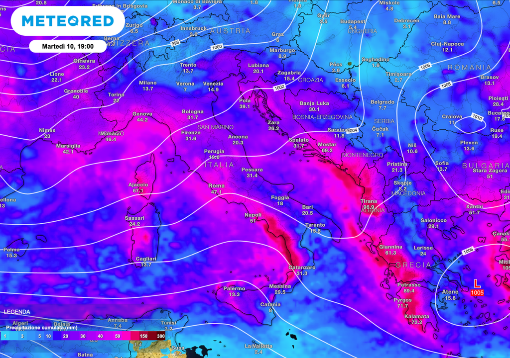 Precipitazioni cumulate previste fino a martedì sera: in alcune aree si possono superare i 40–60 mm.