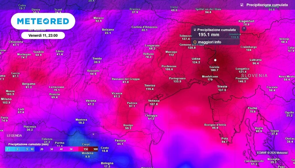 Accumuli pluviometrici nel corso delle giornate di mercoledì 9 e giovedì 10 sul nord-est Italia: attenzioni, sono quantitativi molto elevati che cadranno in poco tempo.