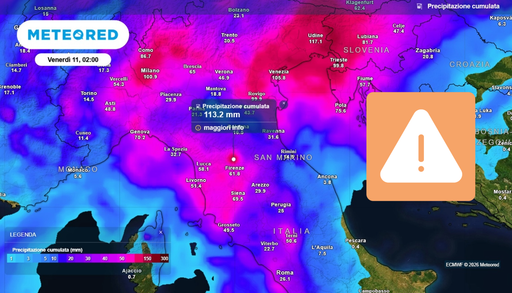 Maltempo, sar&agrave; un gioved&igrave; complicato: fino a 200 mm tra Friuli e Veneto, oltre 100 mm in Toscana. Le aree a rischio