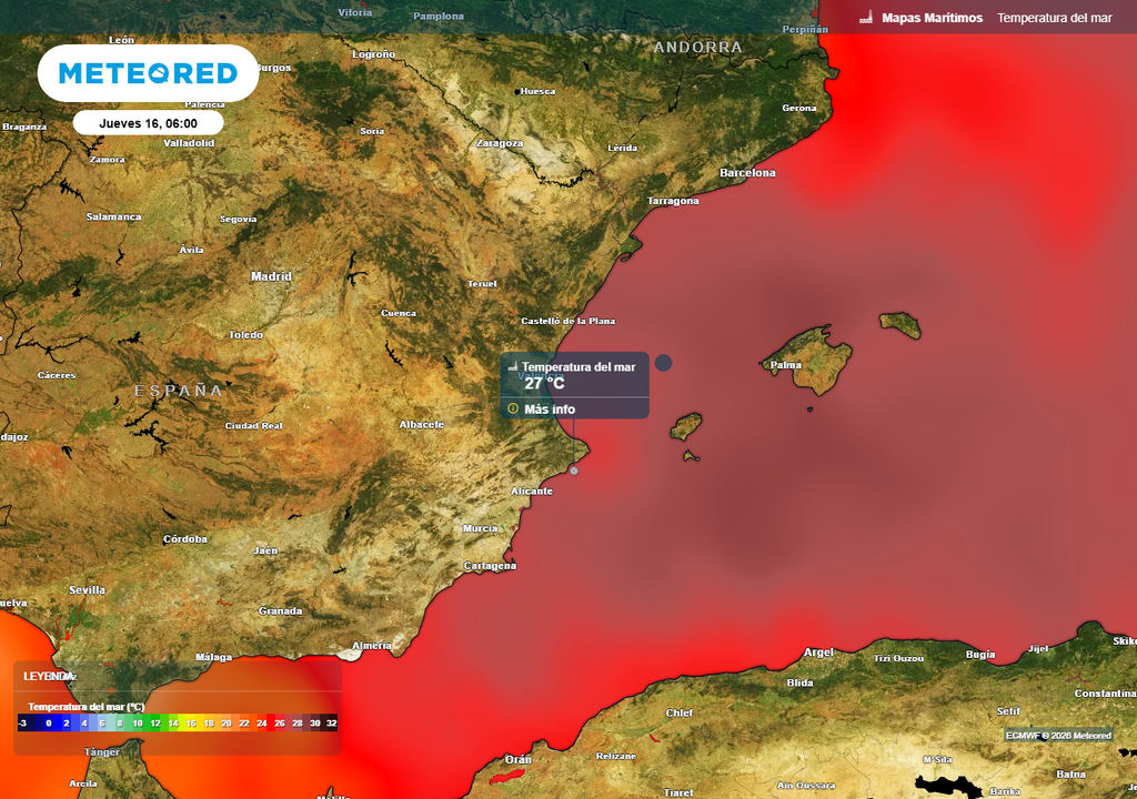 La temperatura superficial del Mediterráneo alcanza valores próximos a los 27 ºC frente a buena parte del litoral oriental de la Península.