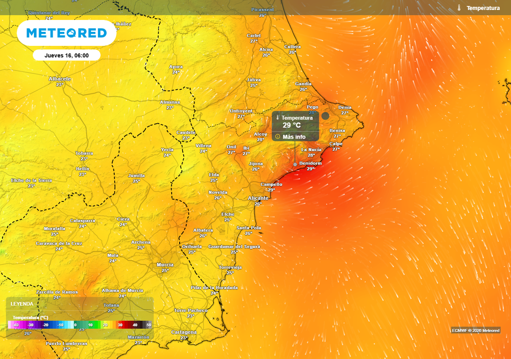Las temperaturas se mantendrán por encima de los 25 ºC durante la madrugada del jueves en numerosas localidades de Alicante. En Benidorm podrían no bajar de los 29 ºC.