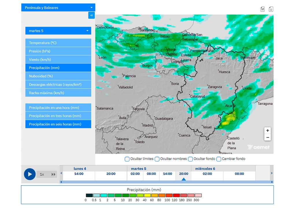 El modelo Harmonie de AEMET anticipa aguaceros intensos en diversas provincias del norte y noreste de la península durante la jornada de mañana.