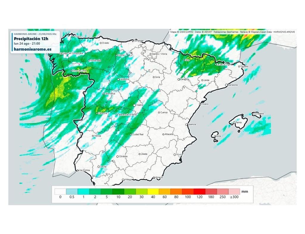 Precipitación total acumulada de agua hasta el próximo día 25/08/2026. Fuente HARMONIE-AROME.