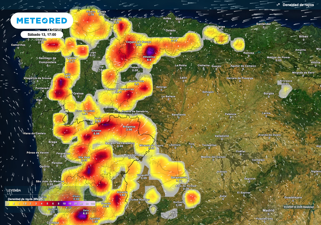 Las densidades de rayos previstas por el modelo europeo para mañana sábado serán muy elevadas, combinadas con un abultado riesgo de incendios.