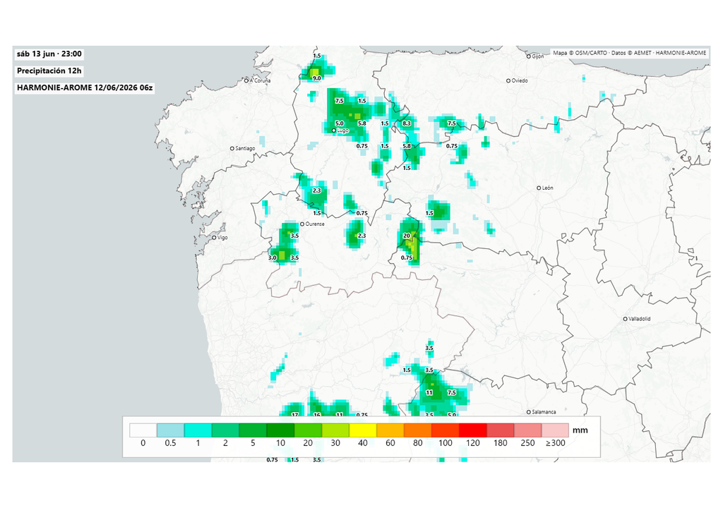 Las tormentas de mañana irán acompañadas de viento y rayos, con chubascos que puntualmente podrán ser intensos en el interior del noroeste. Fuente: Harmoniearome.es y AEMET.