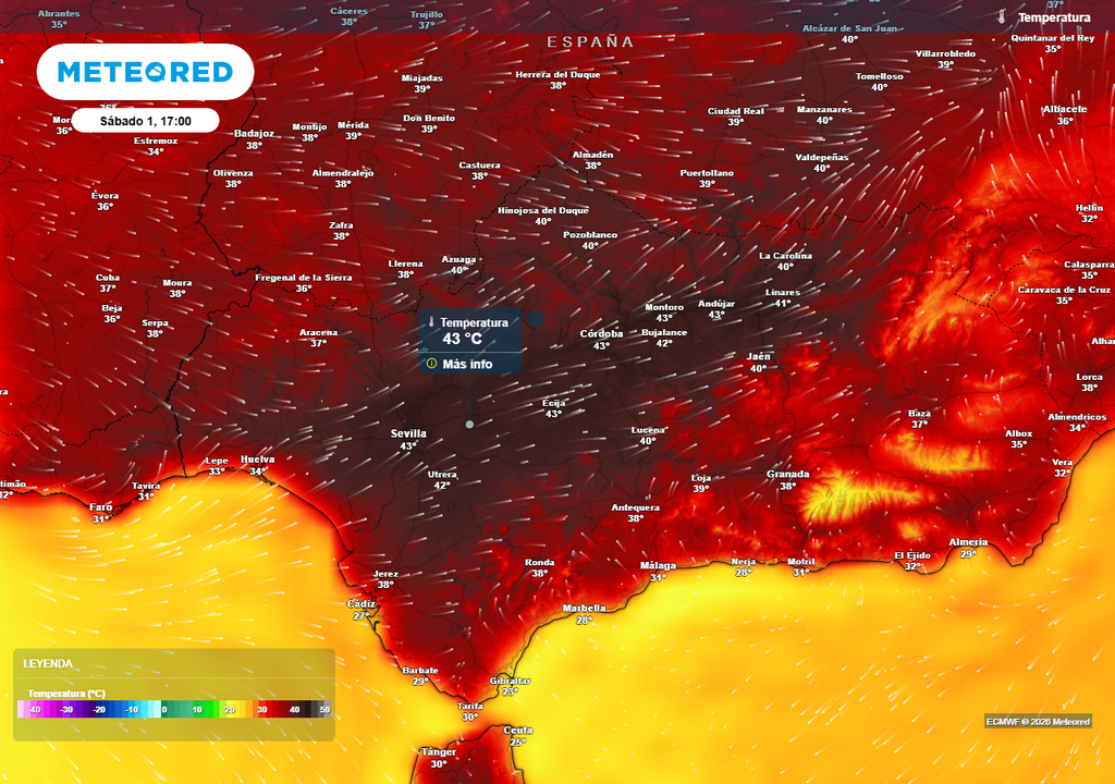 Temperatura en Andalucía Temperatura prevista para la tarde del sábado. Los valores más elevados se concentrarán en el valle del Guadalquivir, donde localidades como Utrera, Écija, Sevilla, Córdoba, Montoro o Andújar alcanzarán entre 42 y 43 ºC.