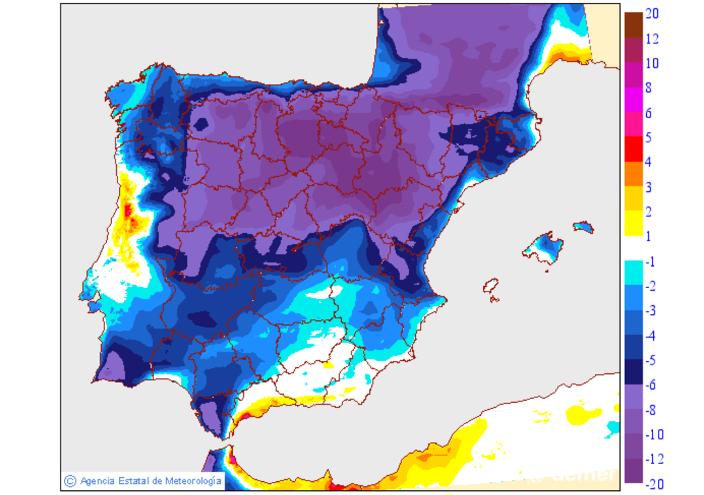 El descenso térmico será generalizado pero bastante más acusado en la mitad norte, sobre todo en el interior, donde caerán hasta 12 ºC respecto a las máximas de hoy martes.