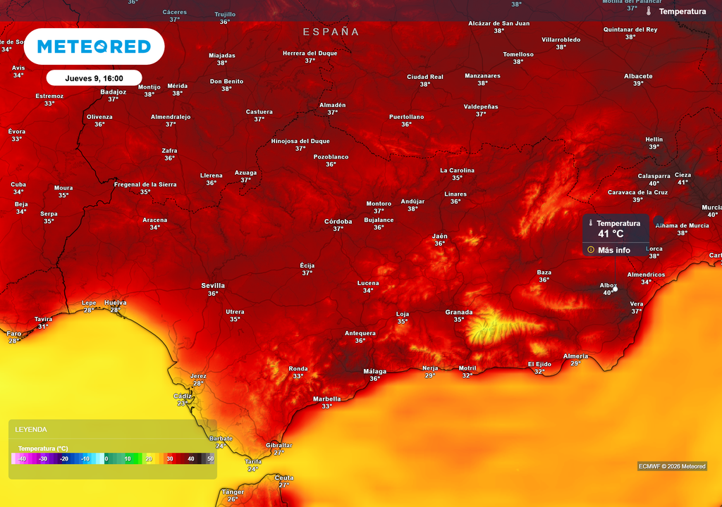 La cifra de los 40 ºC quedará acotada a las provincias de Almería y Málaga.