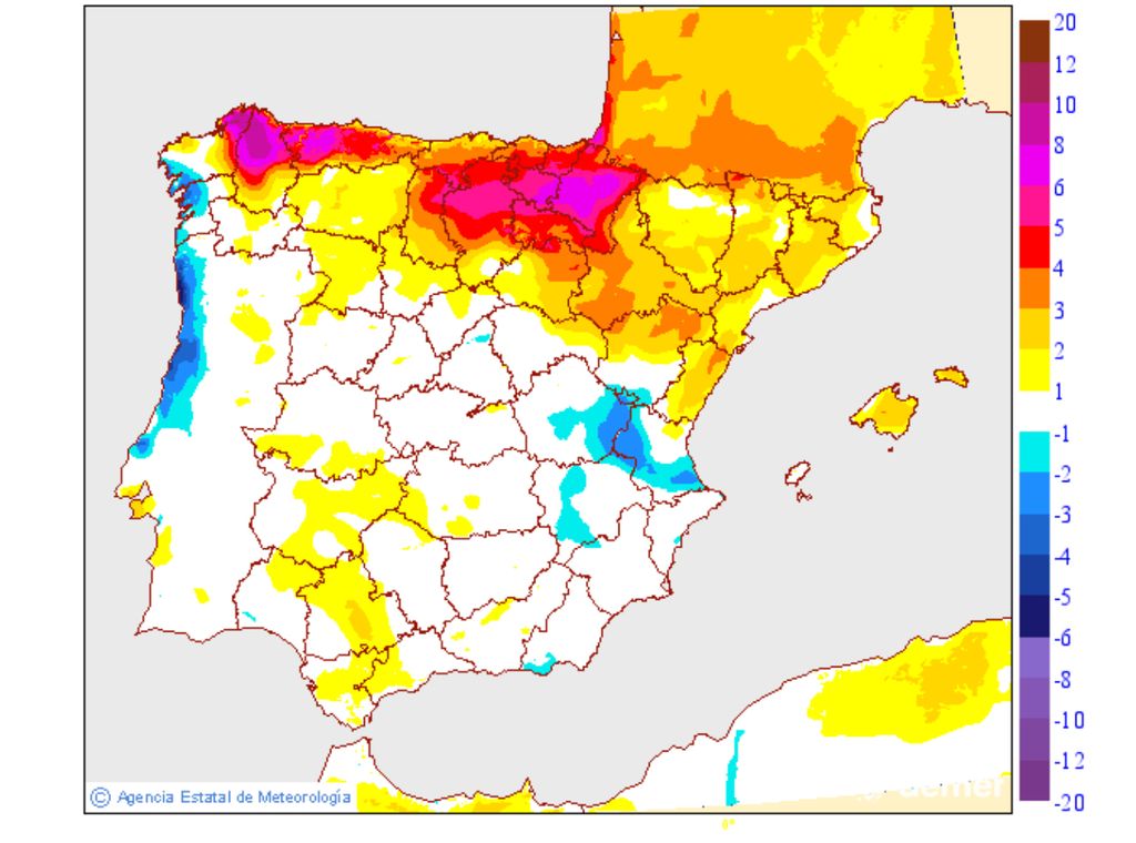 El subidón se notará especialmente en el Cantábrico oriental, norte de Galicia y oeste asturiano. Fuente: AEMET.