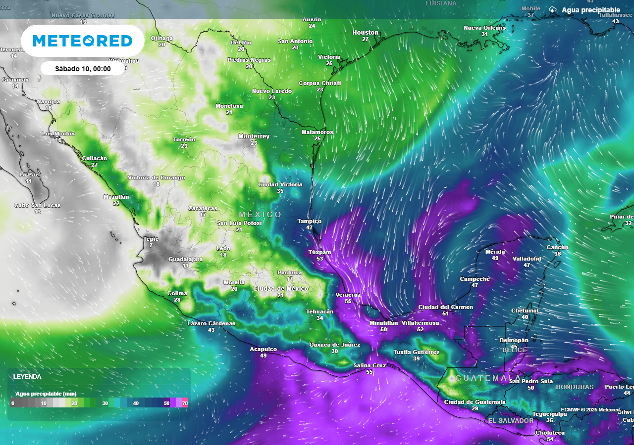 La humedad estará aumentando en estados del Golfo de México, centro, sur y sureste, apoyando formación de fuertes tormentas desde el jueves.
