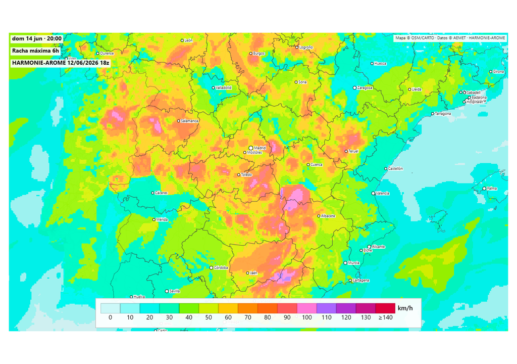 Atención a las rachas de viento, que localmente serán muy fuertes, con posibles reventones. Fuente: Harmoniearome.es y AEMET.