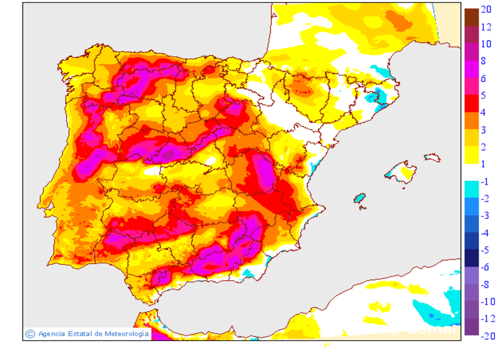 Mapa de variación de temperaturas máximas para mañana respecto a las de hoy. Fuente: AEMET.
