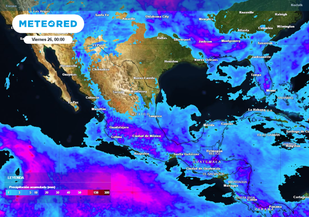 Lluvia acumulada para este jueves en México.