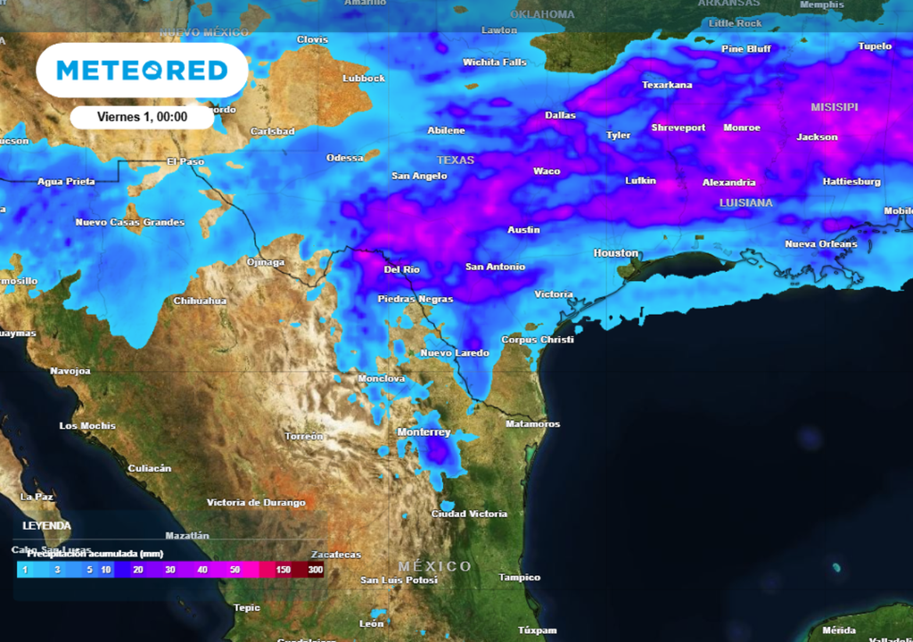 Pronóstico de lluvia acumulada para este jueves, principalmente en estados del Norte de México.