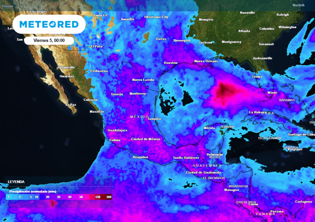 Pronóstico de lluvia acumulada para este jueves en México.