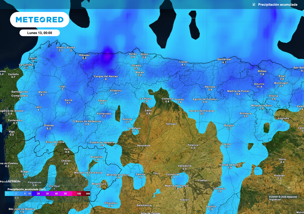 Acumulado de precipitación previsto hasta la medianoche del lunes. Hay que tener en cuenta, que el modelo europeo suele pecar de demasiado conservador con las precipitaciones en situaciones de tormenta.