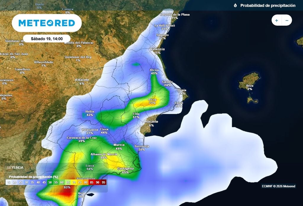 La probabilidad de lluvia será mayor en Valencia y Alicante en las próximas 36 horas.