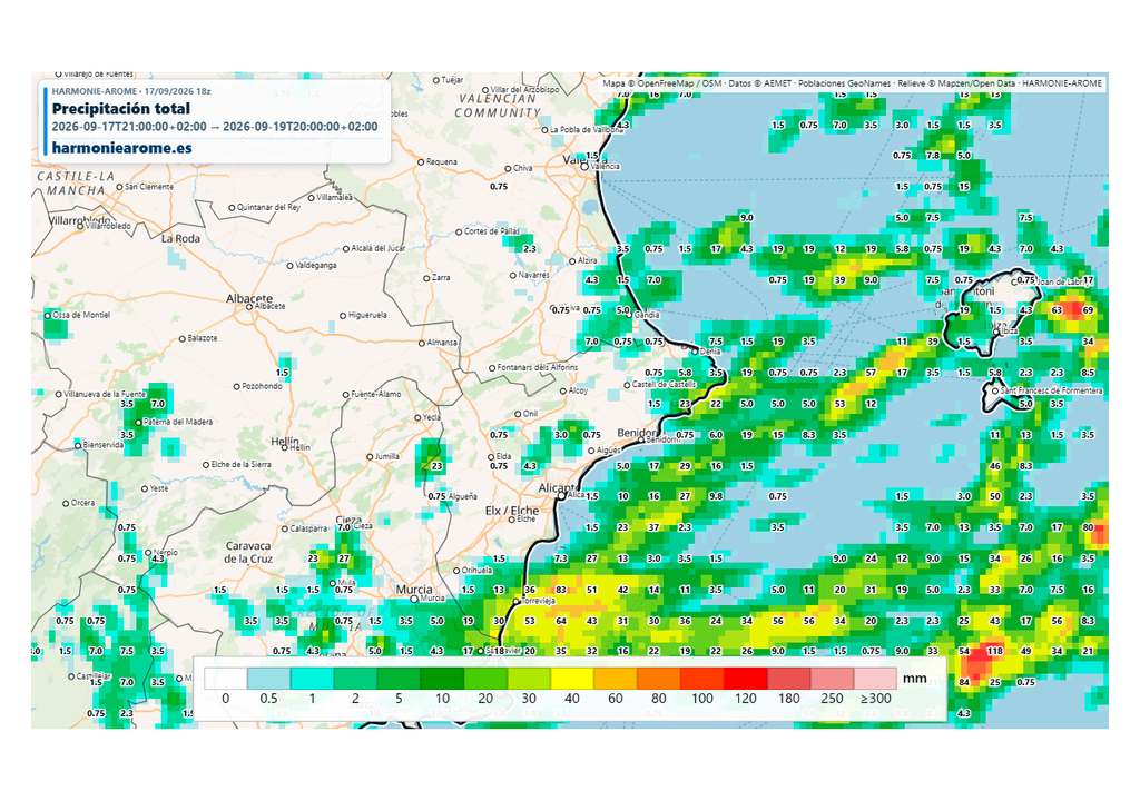 El modelo Harmonie insiste en acumulados localmente destacados en las próximas horas en Valencia y Alicante. Fuente: Harmoniearome.es