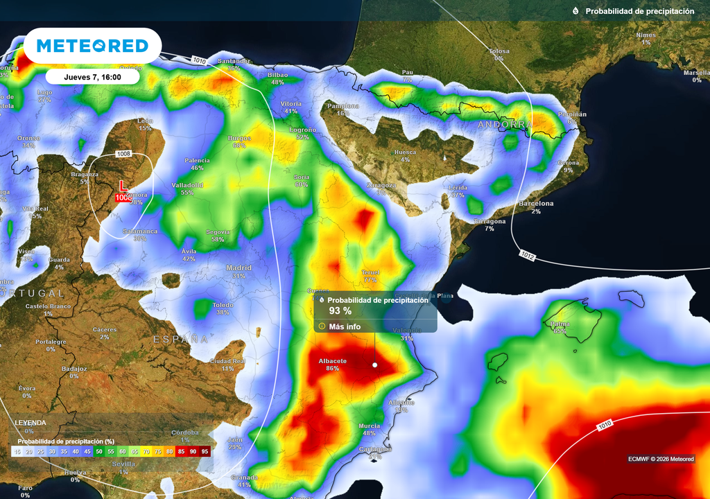 Las precipitaciones se extenderán por la mitad norte y este peninsular, así como afectarán al archipiélago balear.