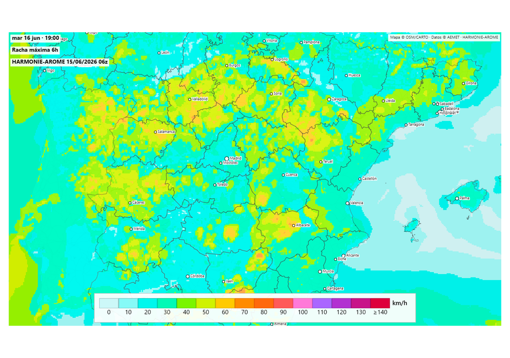 El modelo Harmonie prevé rachas intensas de viento asociadas a las tormentas. Fuente: harmoniearome.es y AEMET.