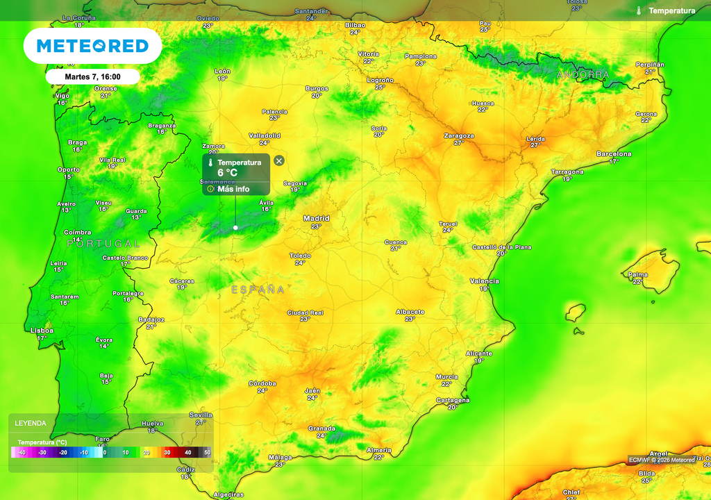 Temperaturas previstas por el modelo europeo para mañana martes a las 16:00. El aire frío (representado en tonos verdes) se extenderá por la mitad occidental.