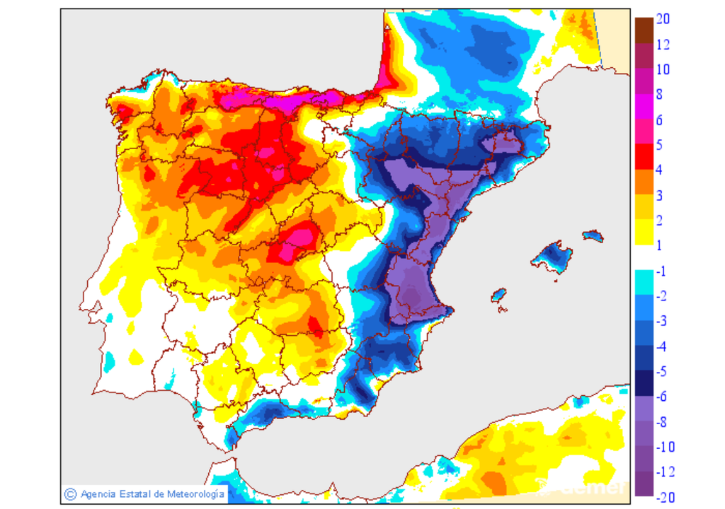 La variación de las temperaturas máximas será muy acusada en las comunidades mediterráneas, sobre todo en la Comunidad Valenciana y Cataluña. Fuente: AEMET.