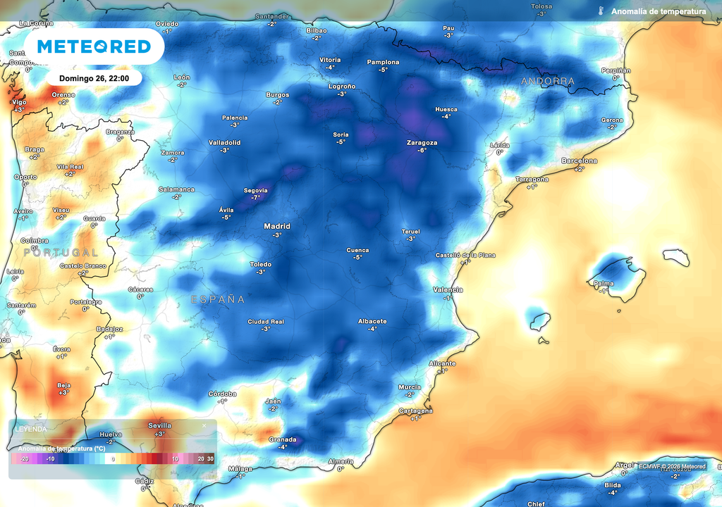 Por primera vez en muchas semanas, mañana domingo habrá anomalías negativas de temperatura en la vertiente mediterránea peninsular y Baleares.