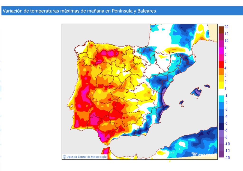 Variación de las temperaturas máximas de mañana domingo, respecto de las registradas hoy sábado. Fuente: AEMET.