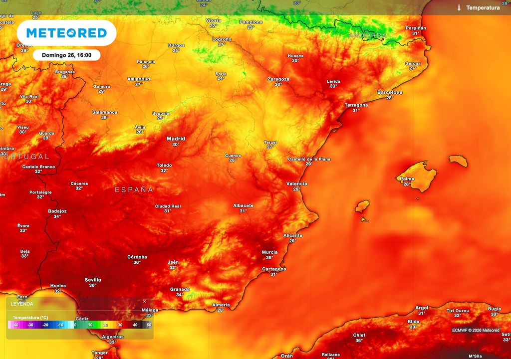 Temperaturas máximas previstas mañana domingo en el área mediterránea peninsular y Baleares. Fuente: modelo europeo.
