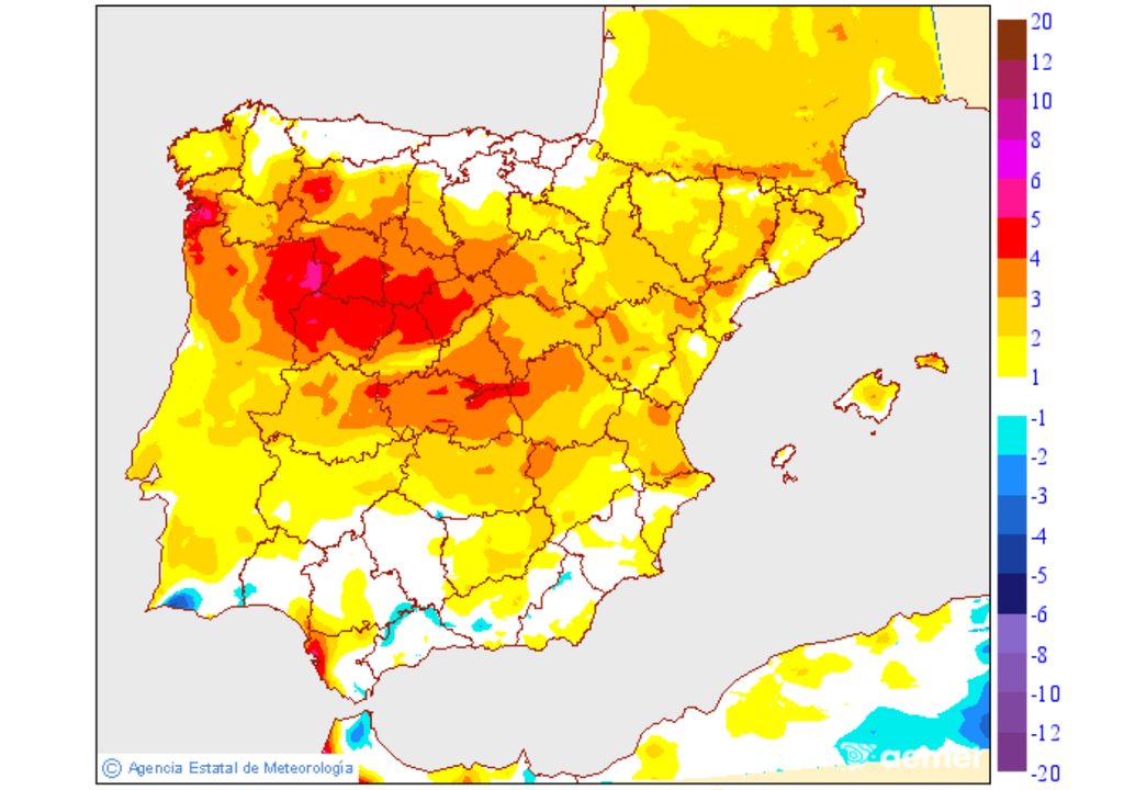 Las máximas subirán de forma generalizada en la jornada de mañana viernes. Fuente: AEMET.