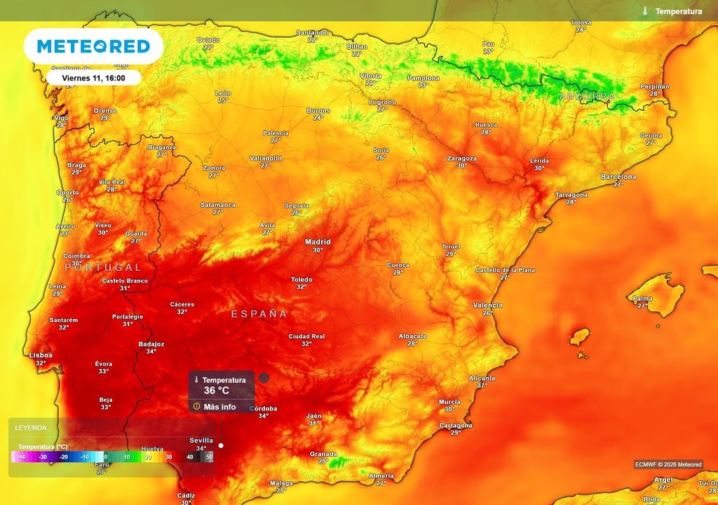 Las máximas podrían alcanzar localmente los 36 ºC en el valle de Guadalquivir.