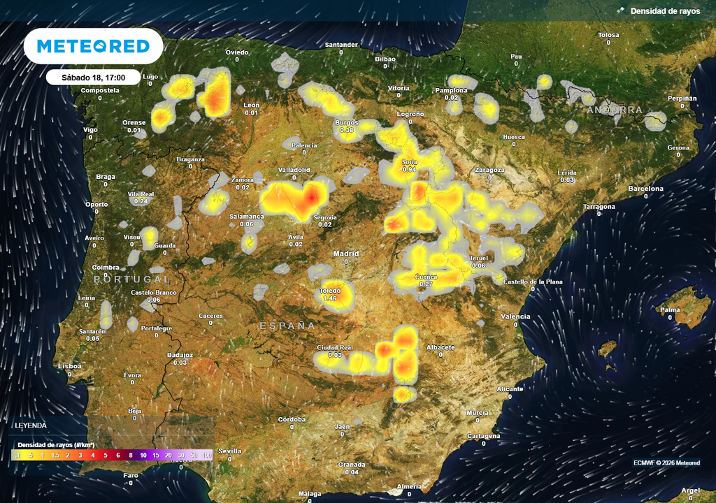 En amarillo y naranja los rayos previstos en la tarde de mañana.