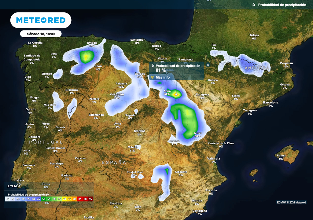 En los mapas de probabilidad de precipitación se aprecia la posible distribución de los chubascos de mañana.