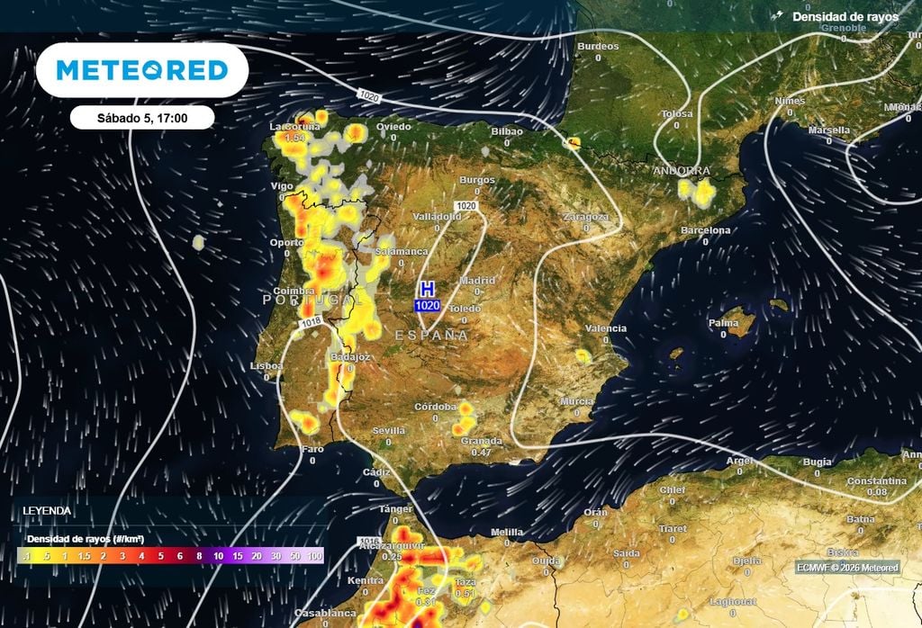 El sábado a media tarde habrá tormentas con mucha actividad eléctrica en el oeste peninsular