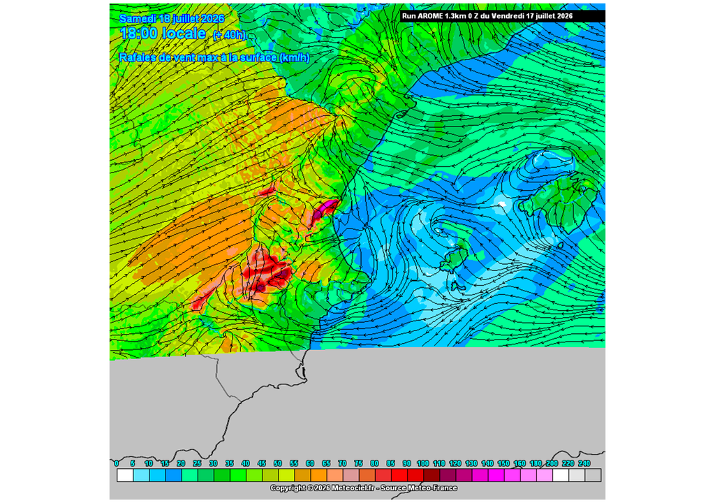 El modelo AROME intuye vientos localmente muy intensos y algunos chubascos. Fuente: Meteociel.