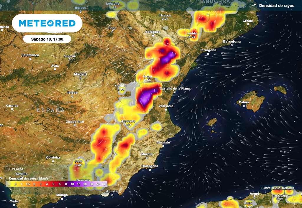 Gran densidad de rayos prevista mañana sábado en el interior este peninsular.