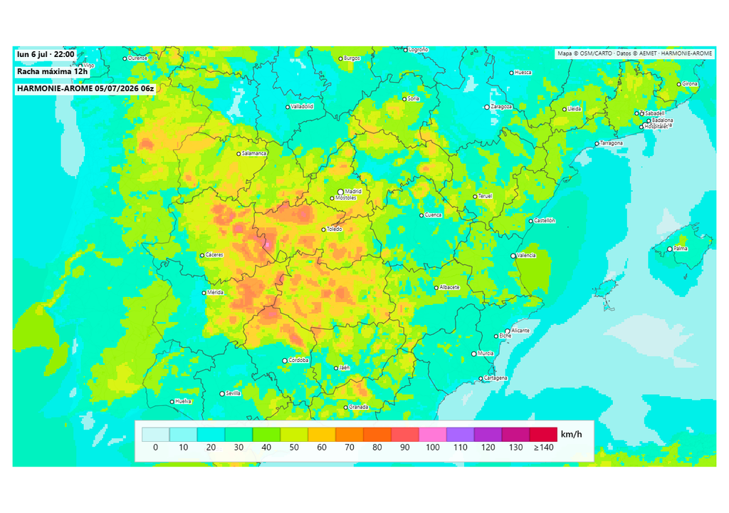 Les orages qui se développeront demain après-midi pourraient freiner la hausse des températures. Selon les modèles, ils s'accompagneront de fortes rafales de vent. Source : HarmonieArome.es et AEMET. Les orages qui se développeront demain après-midi pourraient freiner la hausse des températures. Selon les modèles, ils s'accompagneront de fortes rafales de vent. Source : HarmonieArome.es et AEMET.