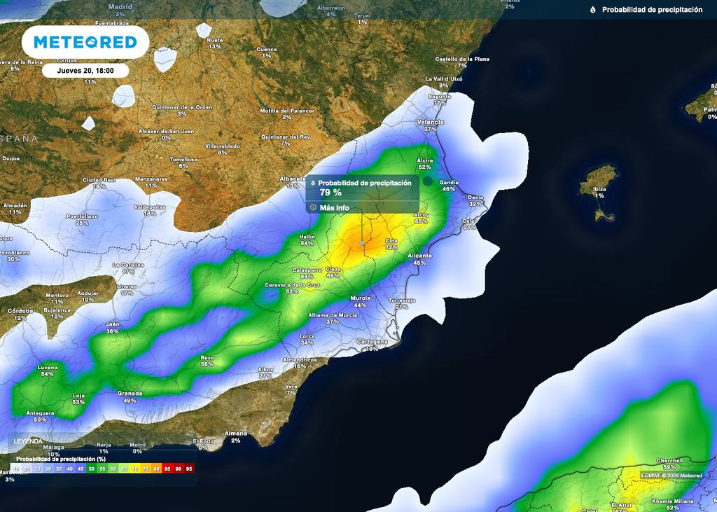 Probabilidad de lluvia Las tormentas serán más probables entre la Región de Murcia y las provincias de Alicante y Valencia, según el modelo europeo.