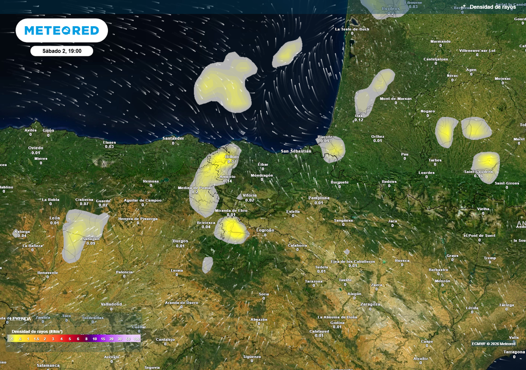 Rayos en el Cantábrico Densidad de rayos prevista para la tarde de mañana, según el modelo europeo.