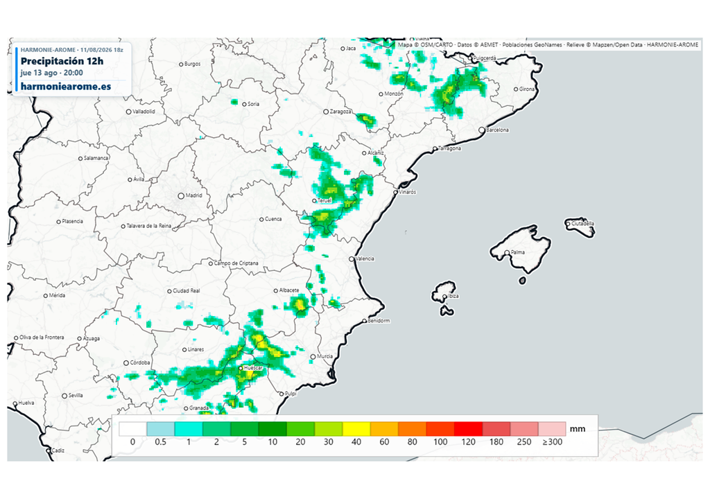 El modelo Harmonie muestra que mañana las tormentas que descargarán en el este podrían dejar más de 40-50 l/m2. Fuente: Harmoniearome.es