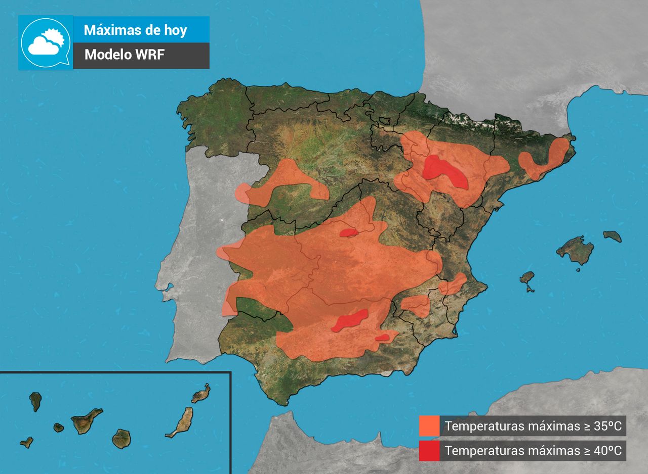 Temperaturas máximas más altas previstas para hoy por el modelo WRF. Grafismo de Tiempo.com
