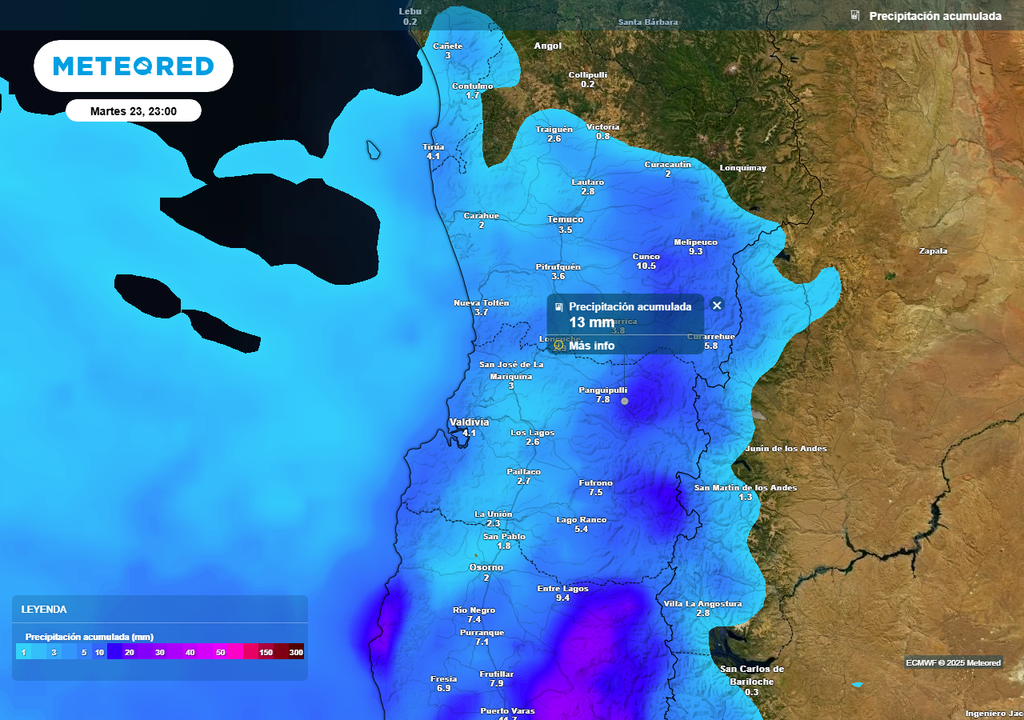 Martes con lluvias en Chile centro sur, Meteored