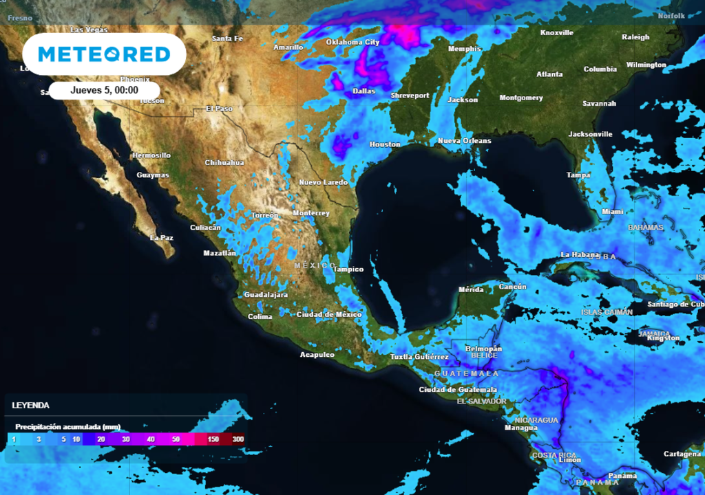 Pronóstico de lluvias con acumulados de hasta 50 mm, para este miércoles en México.