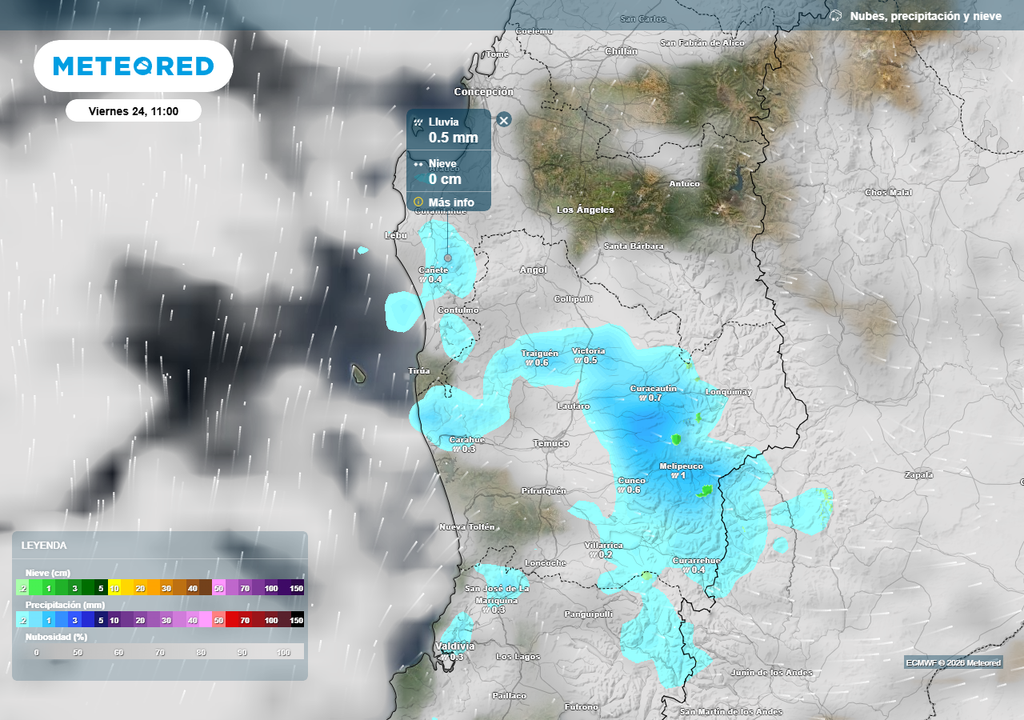 Precipitación (mm) para la mañana del viernes (24) en las regiones de Biobío, La Araucanía y Los Ríos.