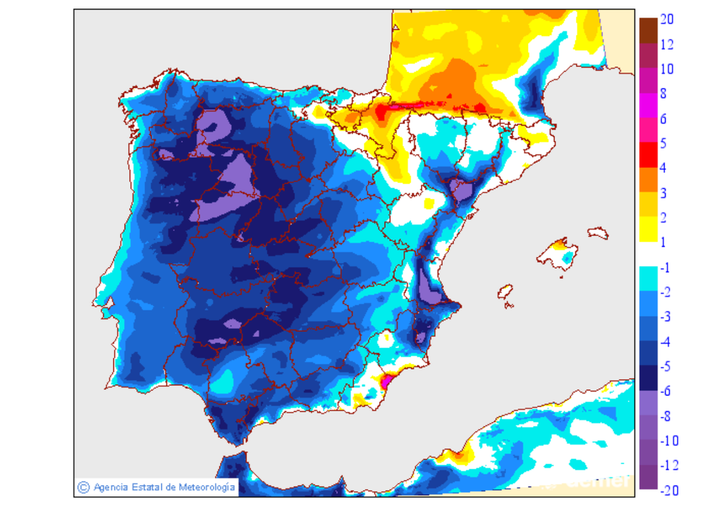 Las temperaturas máximas descenderán hasta 8 ºC respecto a la jornada de hoy. Fuente: AEMET.