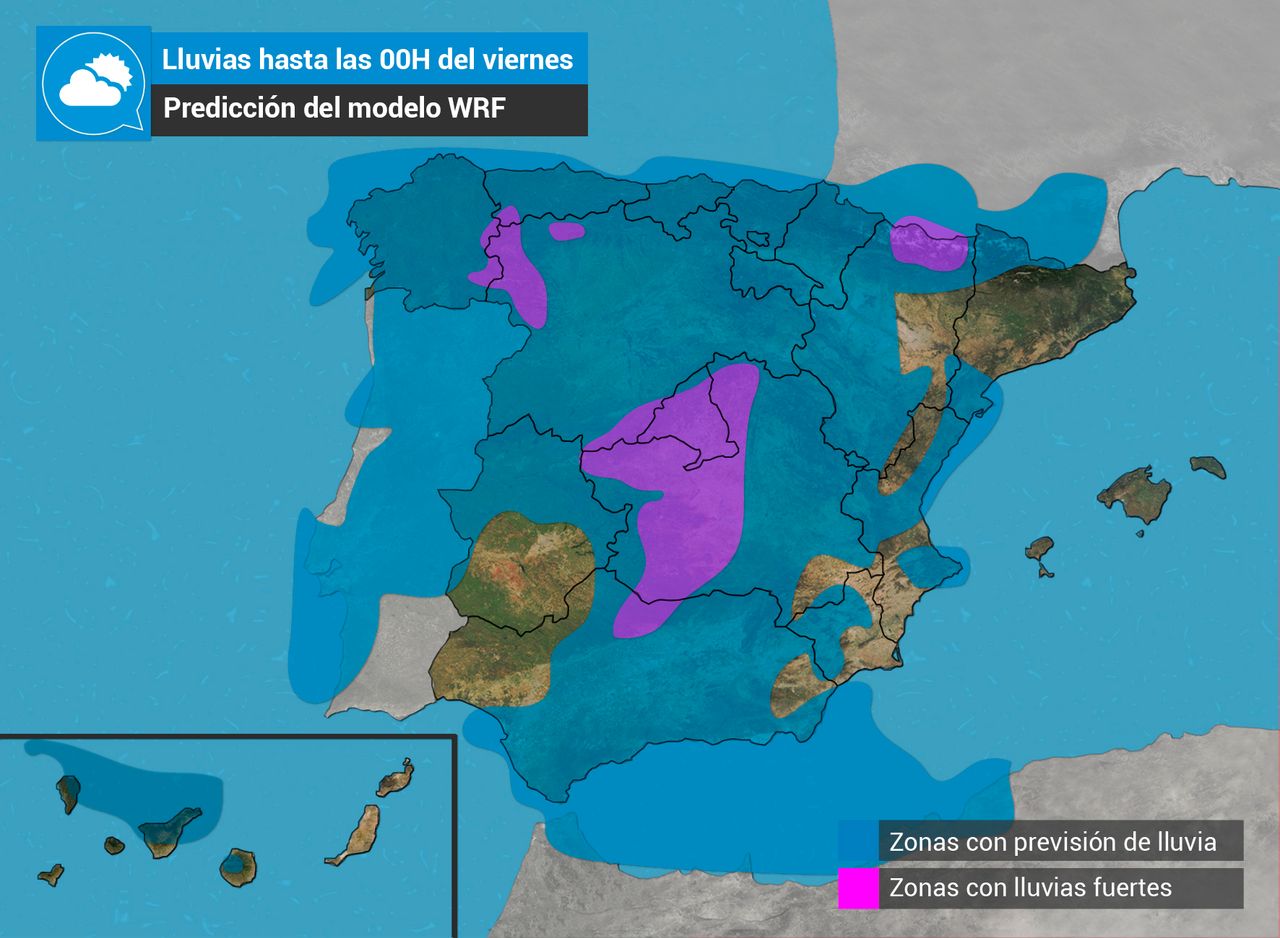 Distribución de las lluvias previstas hasta las 00H del viernes por el modelo WRF. Grafismo de Tiempo.com.