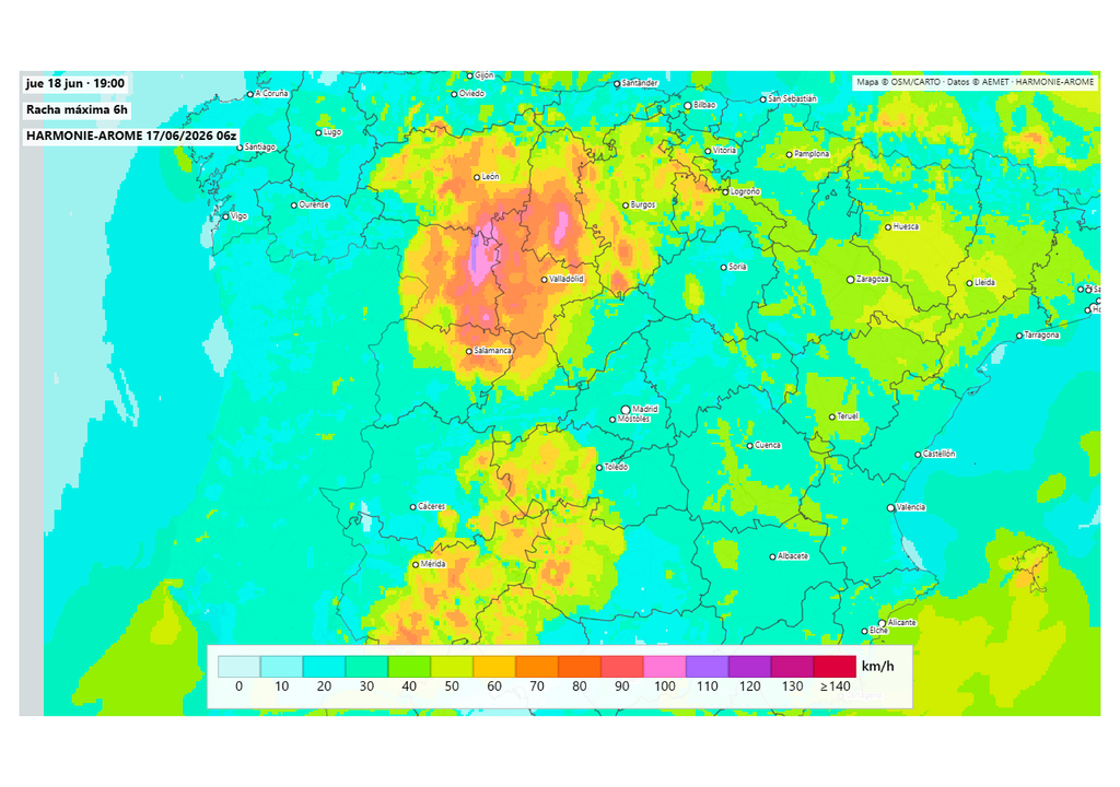 El modelo Harmonie-Arome de la AEMET, prevé para mañana rachas localmente superiores a 90 km/h en Castilla y León. Fuente: harmoniearome.es