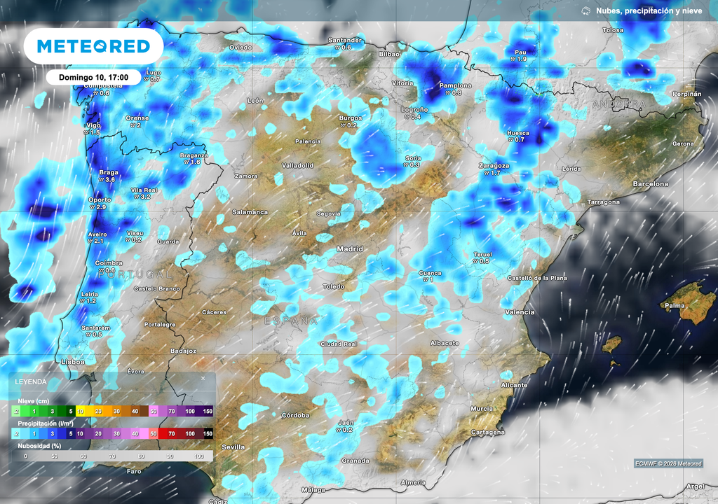 Chubascos en amplias zonas de la Península mañana por la tarde. Fuente: modelo europeo.