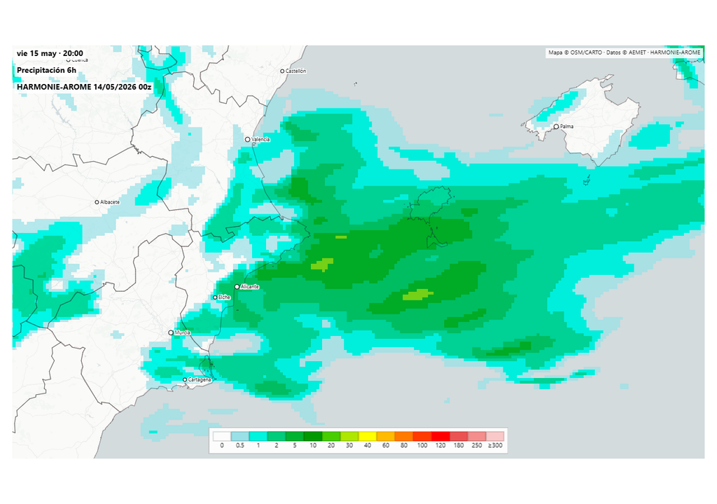 El modelo Harmonie anticipa algunas lluvias localmente intensas entre las Pitiusas, Alicante y el sur del Golfo de Valencia.